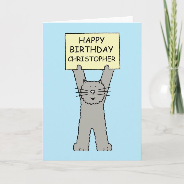 Cartão Feliz aniversário Christopher Cartoon Cat (Frente)