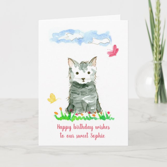 Cartão Feliz Aniversário Cinza Kitten Nome Personalizado (Frente)
