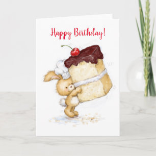 Cartão Feliz Aniversário, coelho bonito segurando um gra