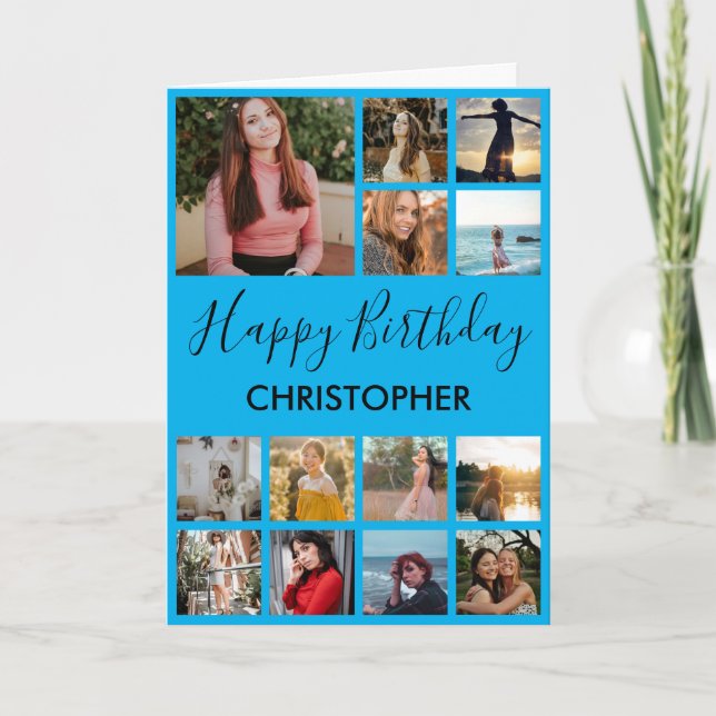 Cartão Feliz Aniversário Colagem de Fotos 13 Fotos Azul (Frente)