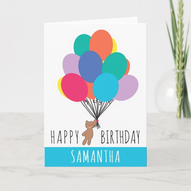 Cartão Feliz Aniversário Colorido Balão de Teddy Bear Nom (Frente)