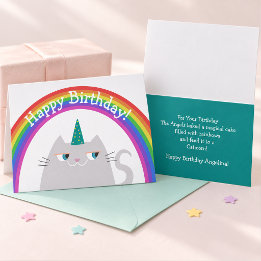 Cartão Feliz Aniversário Colorido de Gato e Arco-íris