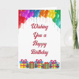 Cartão Feliz aniversário com balões e presentes coloridos
