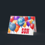 Cartão Feliz aniversário com Balões SON A01<br><div class="desc">Feliz aniversário com os Colorful Balloons SON A01. Este design festivo com seus balões coloridos que você pode personalizar com um ano de aniversário, nome, e sentimento faz um cartão de saudação de aniversário para um FILHO muito especial. O texto é personalizável. Você pode personalizar para qualquer ano de aniversário...</div>