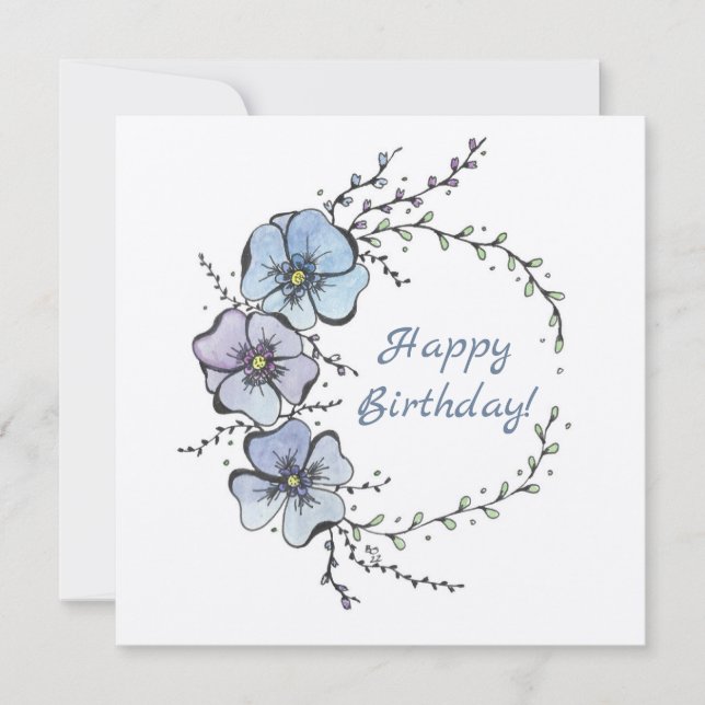 Cartão Feliz aniversário com flores azuis (Frente)