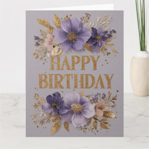 Cartão Feliz Aniversário com flores roxas e brilho