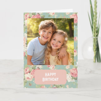 Cartão Feliz Aniversário com foto personalizada em floral