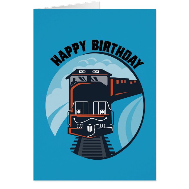 Cartão Feliz aniversário com trem, General, Azul (Frente)