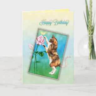 Cartão Feliz aniversário com um gato brincalhão