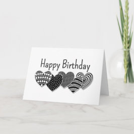 Cartão Feliz Aniversário, Corações Decorativos Pretos e B