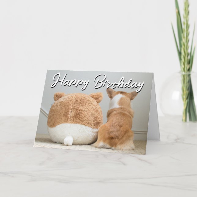 Cartão Feliz Aniversário | Corgi & Cachorrinho de Pelúcia (Frente)