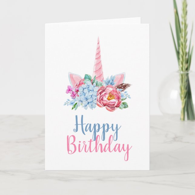 Cartão Feliz aniversário | Coroa Floral Unicorn Watercolo (Frente)