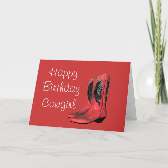 Cartão Feliz Aniversário Cowgirl Boots Red Greeting Card (Frente)