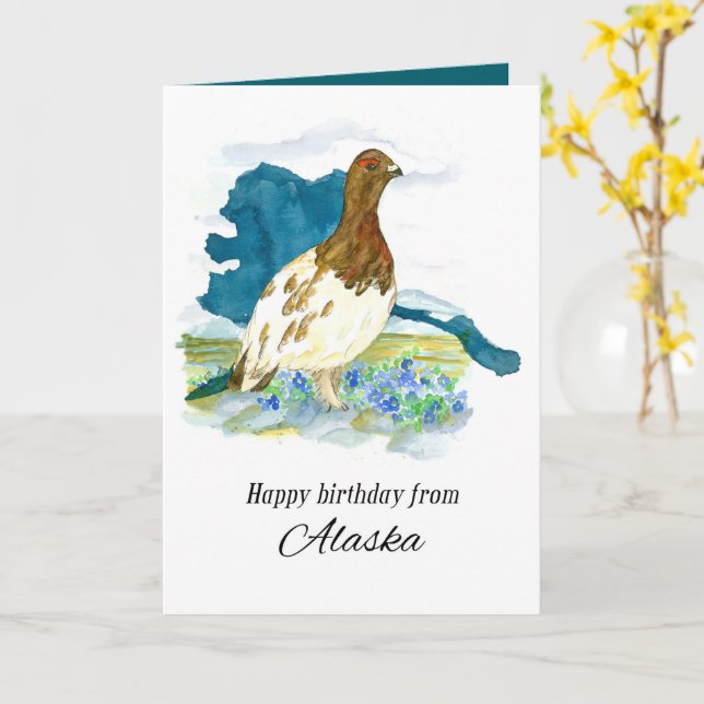 Cartão Feliz Aniversário Da Alaska Lagópode-de-cauda-verm (Flor Amarela)