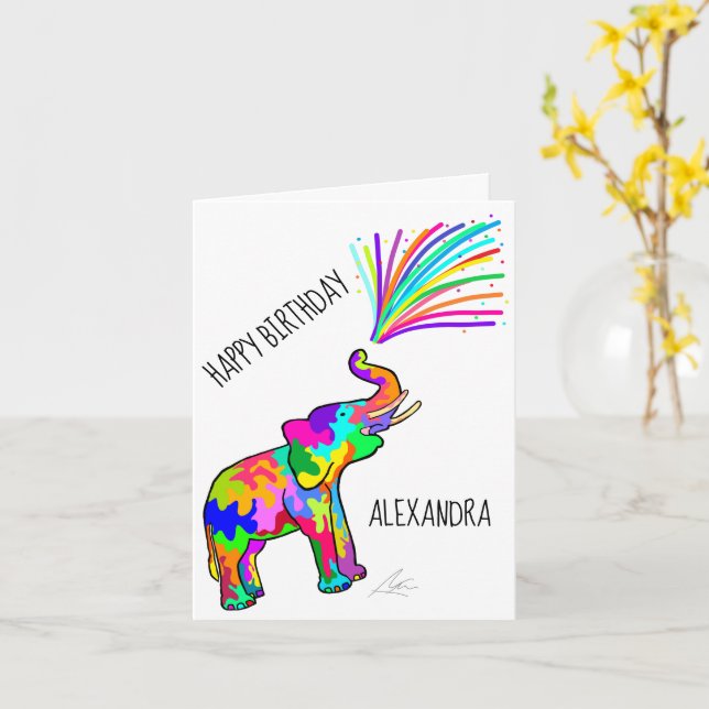 Cartão Feliz Aniversário da Arte Elefante Colorida (Flor Amarela)