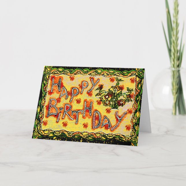 Cartão Feliz Aniversário da Arte Popular Russa (Frente)