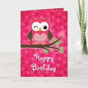 Cartão Feliz Aniversário da Coruja Rosa Quente