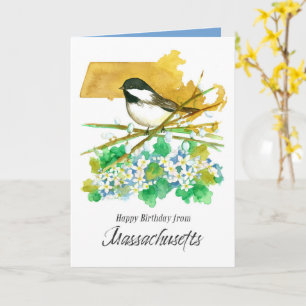 Cartão Feliz Aniversário da Flor Chickadee de Massachuset