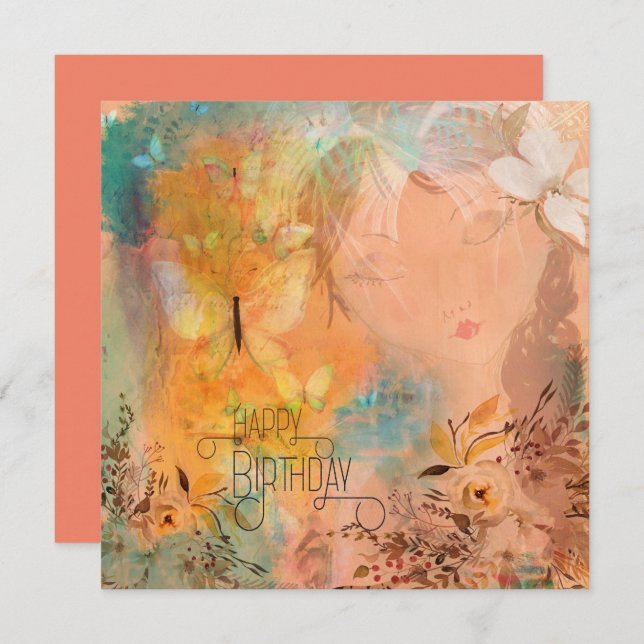 Cartão Feliz Aniversário da Floral Butterfly (Frente/Verso)