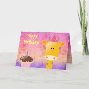 Cartão Feliz Aniversário da Girafa e Cupcake