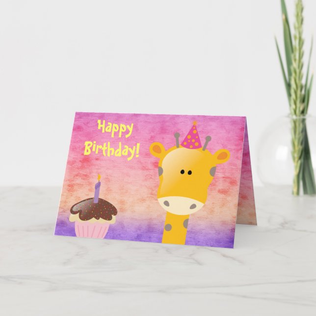 Cartão Feliz Aniversário da Girafa e Cupcake (Frente)