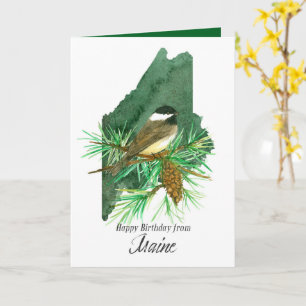 Cartão Feliz Aniversário da Maine Chickadee Pinecone