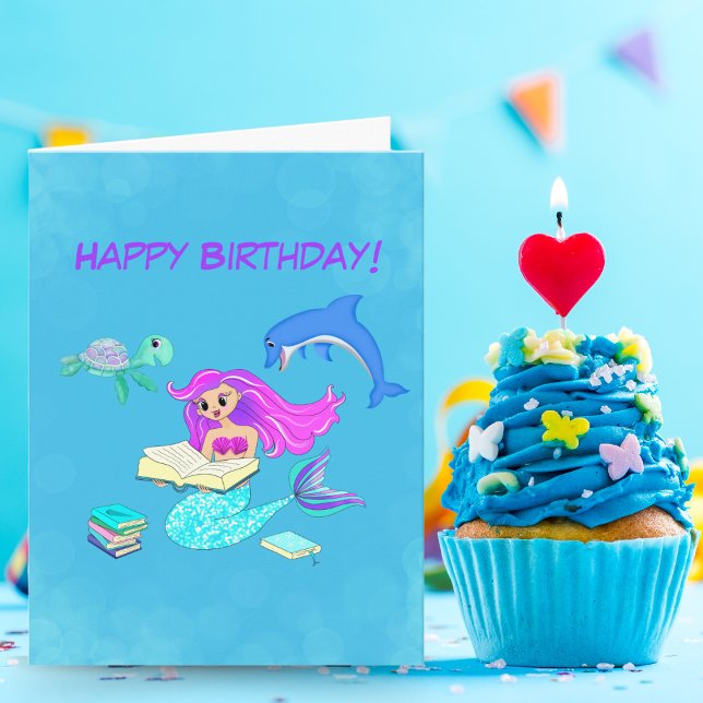 Cartão Feliz Aniversário da Sereia que Lê Livros (Wishing you a magical birthday filled with sparkling adventures and enchanting stories.)
