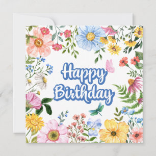 Cartão Feliz Aniversário das Flores de Aquarelas