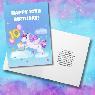 Cartão Feliz aniversário de 10 anos Unicórnio com Bolo de