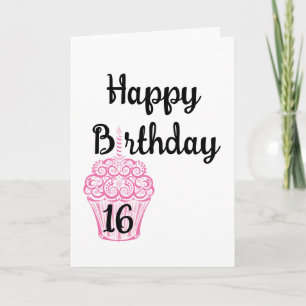 Cartão Feliz aniversário de 16 anos Pink Cupcake