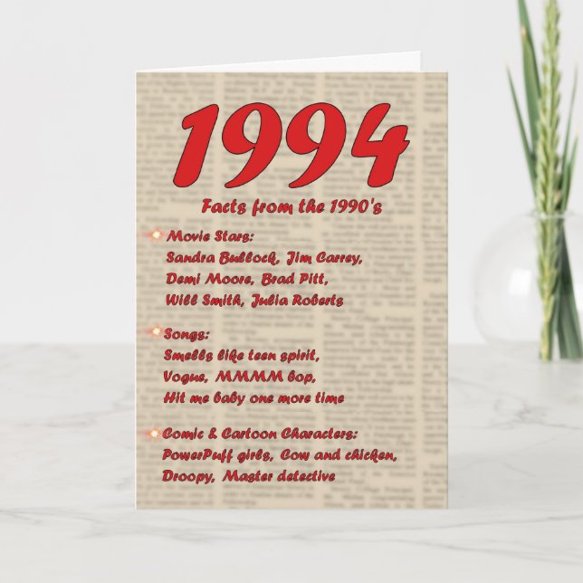 Cartão Feliz Aniversário de 1994 Ano das notícias do nasc (Frente)