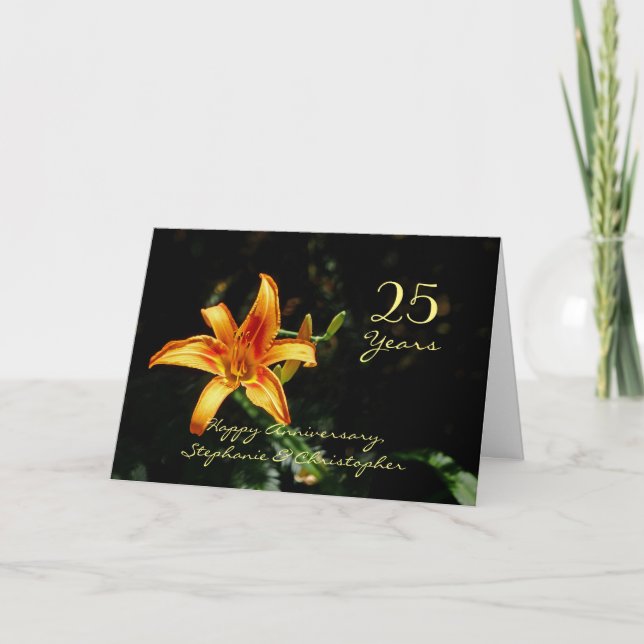 Cartão Feliz Aniversário de 25 Laranja Amarelo Daylily Li (Frente)
