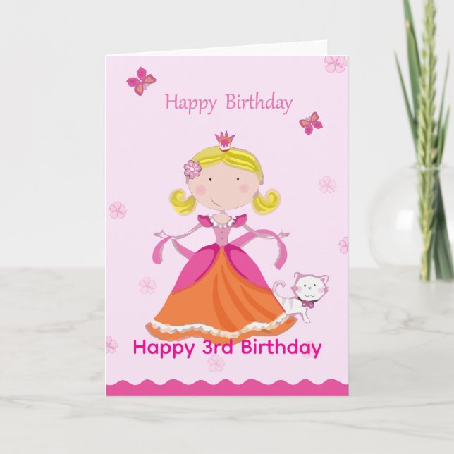 Cartão Feliz Aniversário de 3 anos Princesa (Frente)
