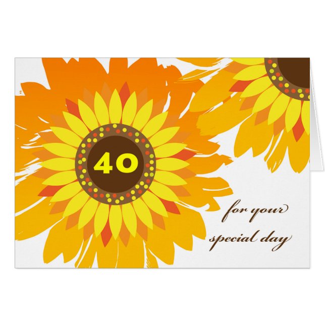 Cartão Feliz aniversário de 40 anos, Sunflower Design (Frente Horizontal)