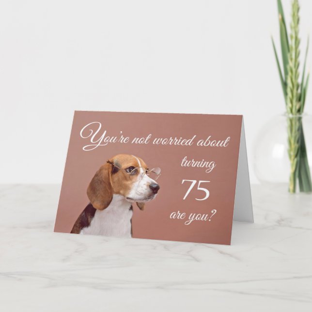 Cartão Feliz aniversário de 75 anos, beagle preocupado (Frente)