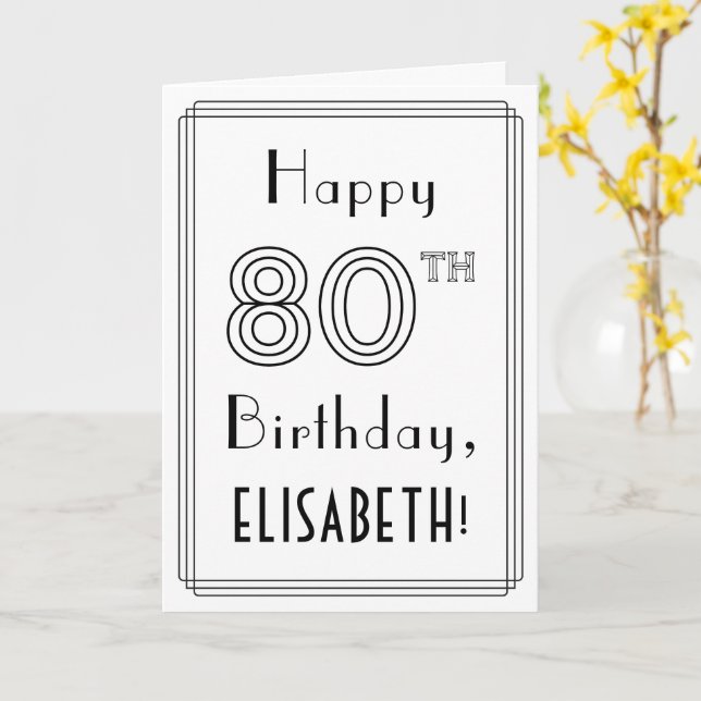Cartão Feliz aniversário de 80, estilo Art Deco com nome  (Flor Amarela)