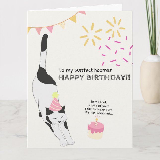 Cartão Feliz Aniversário de Cat para Purfect Hooman (Frente)