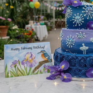 Cartão Feliz aniversário de fevereiro Kingfisher com Iris