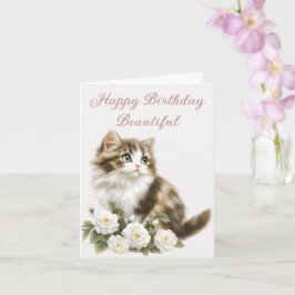 Cartão Feliz Aniversário de Gato e Flores