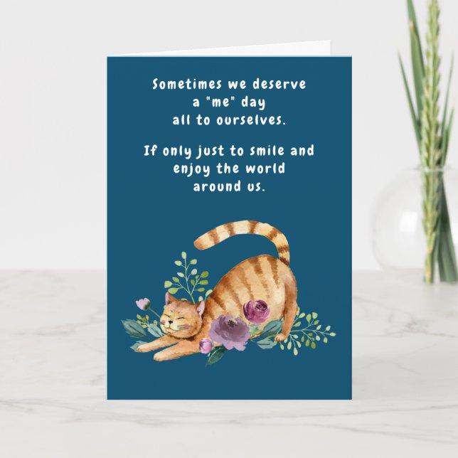 Cartão Feliz Aniversário de Gato Olá Pensando em Suas Flo (Frente)