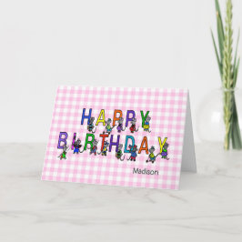 Cartão Feliz Aniversário de Gingham rosa