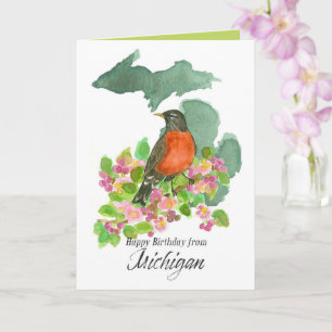 Cartão Feliz Aniversário de Michigan Robin Apple Blossom