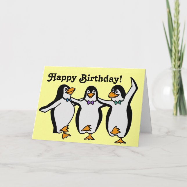 Cartão Feliz Aniversário de Pinguins Dançantes Feliz (Frente)