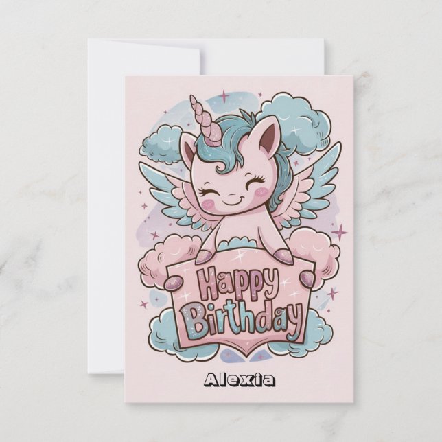Cartão Feliz aniversário de presente do Unicorn (Frente)