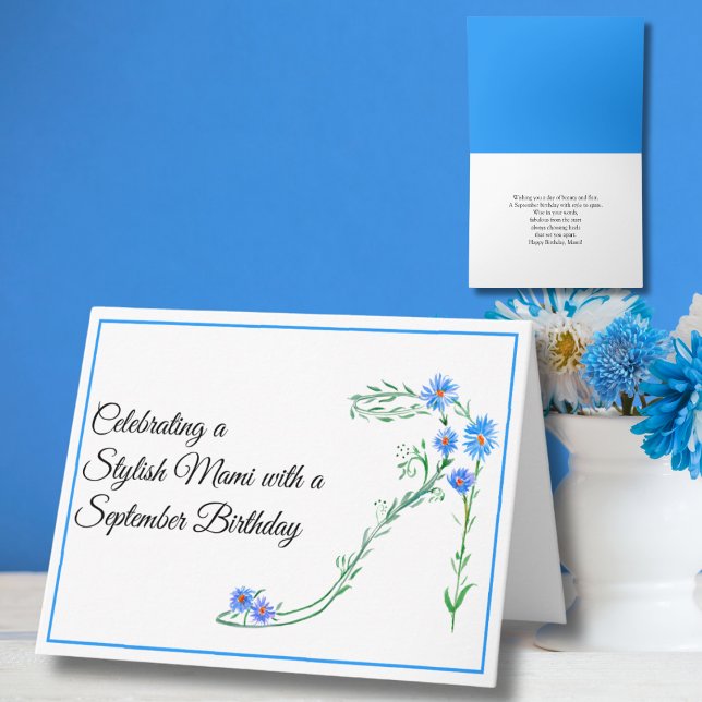 Cartão Feliz aniversário de setembro Mami Blue Asters  (Criador carregado)