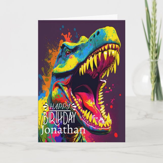 Cartão Feliz Aniversário Dinossaur Blue Roar Card (Frente)