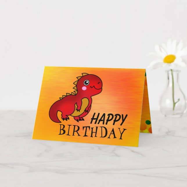 Cartão Feliz Aniversário Dinossauro Vermelho Cute (Planta pequena)