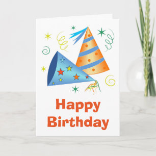 Cartão Feliz Aniversário Diversão Azul E Chapéus Amarelos