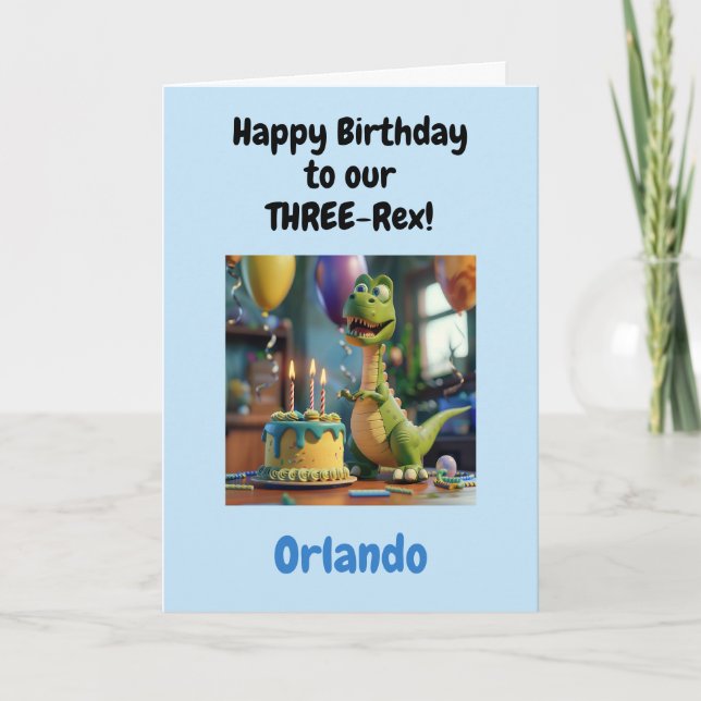 Cartão Feliz Aniversário Divertido Menino de 3 Anos, Dino (Frente)