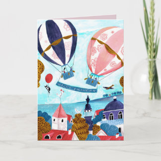 Cartão Feliz Aniversário do Balão de Ar Quente Azul e Ver